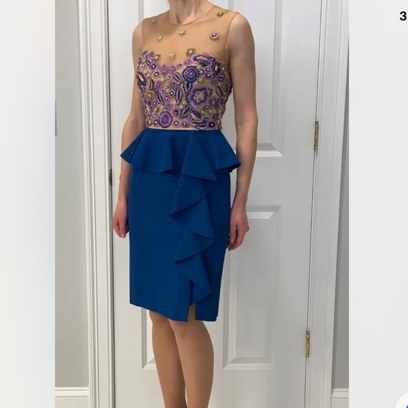 Marchesa NOTTE Embroidered Peplum Combo Dress in blue pink size 4 - Picture 2 of 3